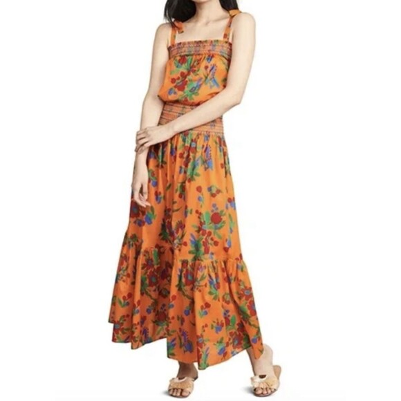 Tory Burch Printed Smocked Maxi Dress in Toucan Floral Coverup Orange Size M - Picture 1 of 7